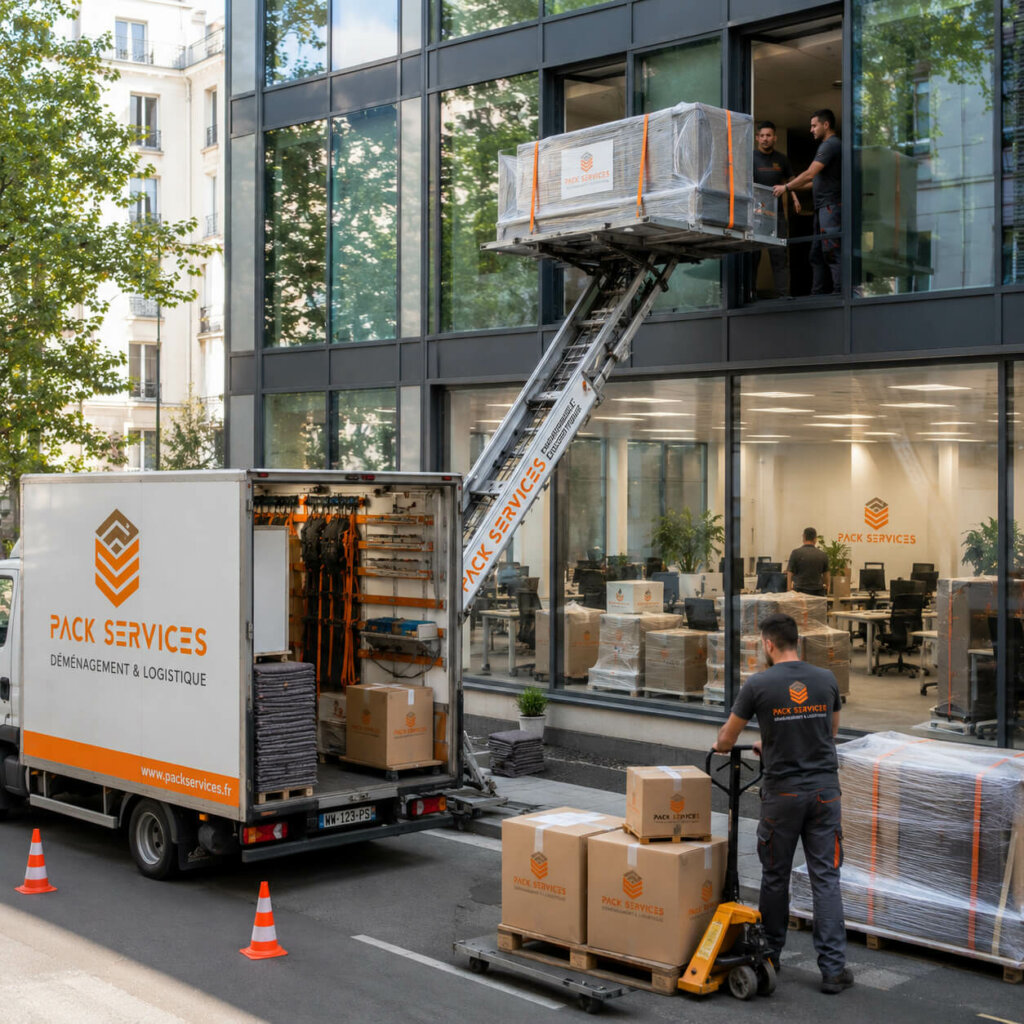 déméngement entreprise à paris réalisé à l'aide d'un monte-meubles pour faciliter le chargement de meubles dans le camion