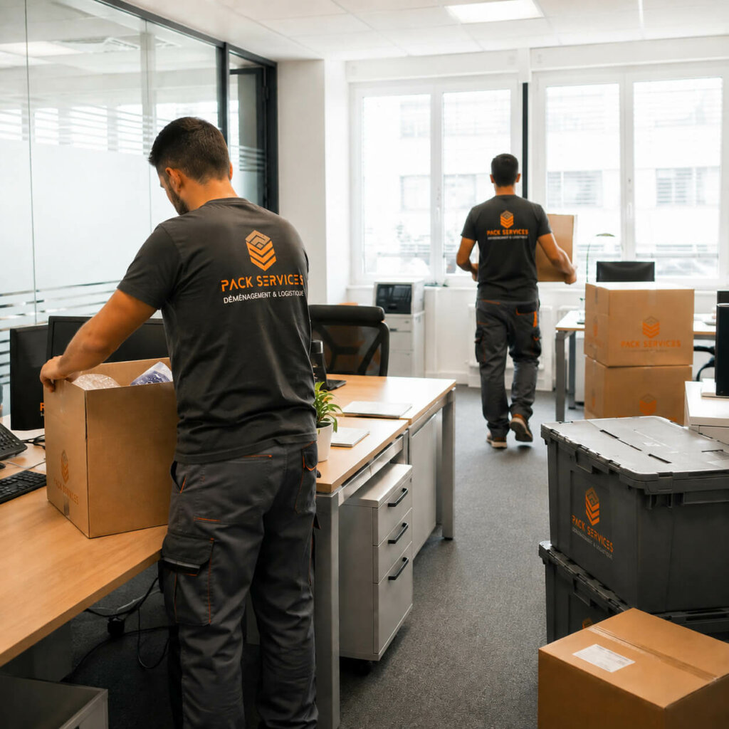 Déménagement d’entreprise à Paris avec Pack Services – équipe de déménageurs emballant et transportant le matériel de bureau