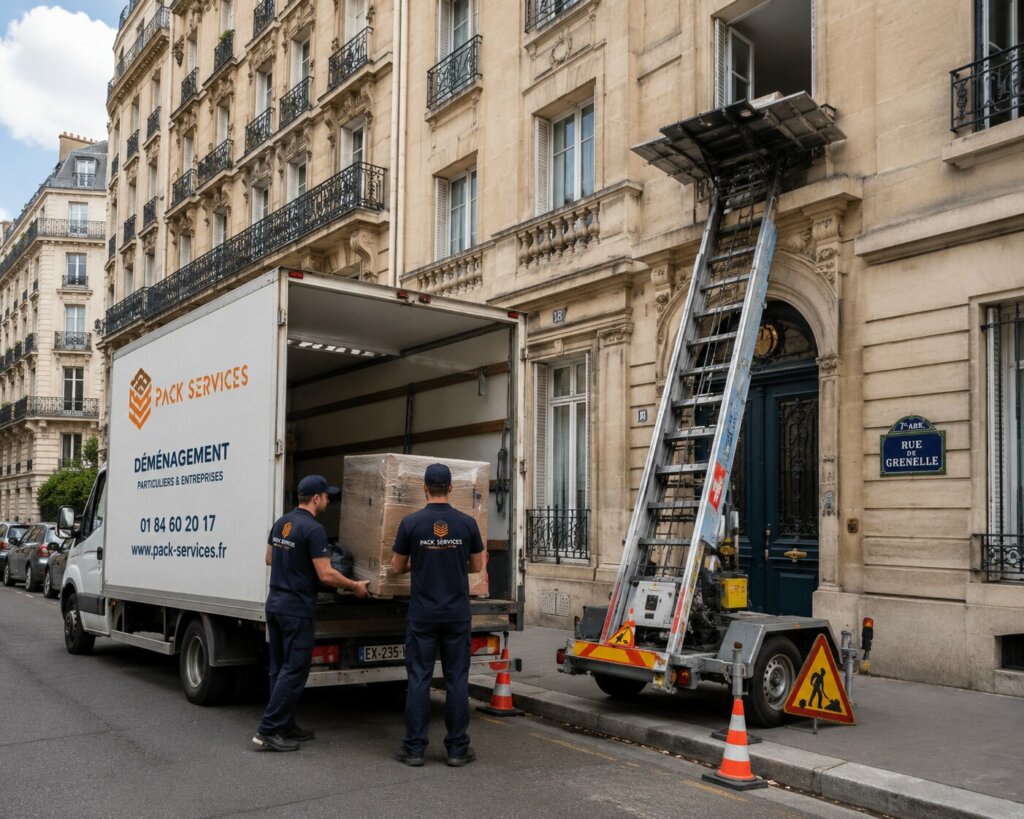 intervention de nos déménageurs à paris 7. Nous avons utilisé un monte-meubles pour faciliter le déplacement des meubles à travers le balcon