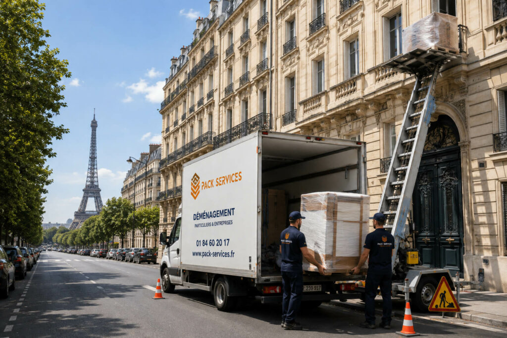 notre entreprise déménagement paris en train de transporter les meubles d'un appartement à travers le balcon en utilisant un monte meubles